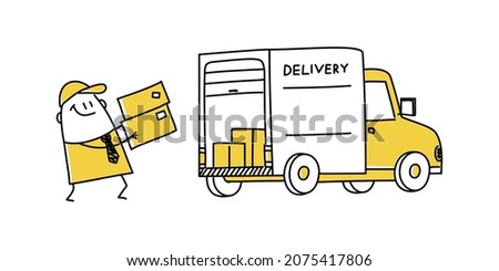 Stick figure man with cardboard boxes. Delivery truck with cardboard boxes. Delivery service concept. Doodle style. Vector illustration.
