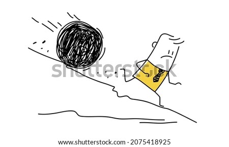 Stick man runs away from a large stone rolling down the hill. Doodle style. Vector illustration.