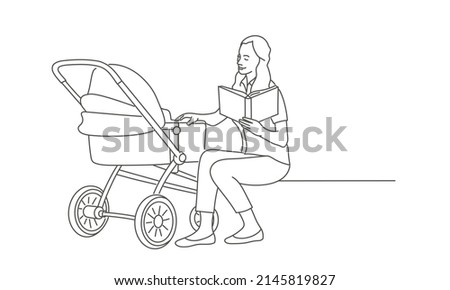 Mother or nanny is sitting on bench and reading book. Hand drawn vector illustration. Black and white.