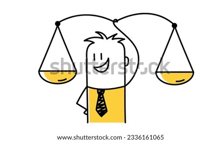 Confident businessman leader lift balance ethical scale. Stick figure. Doodle style. Vector illustration.