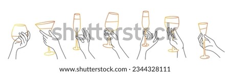 Set of different hands gestures hold wineglass or drink cocktails. Hand drawn vector illustration.