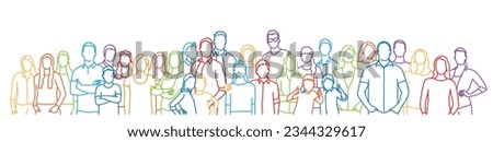 Diverse people standing together. Society, multicultural community portrait and citizens. Hand drawn vector illustration.