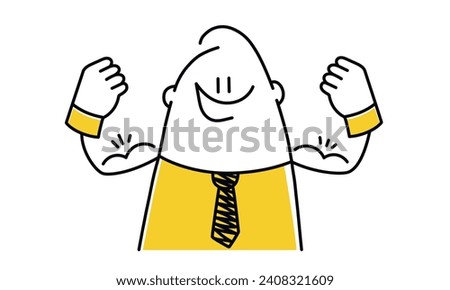 Stick figure. Confident businessman flexing muscles. Concept of strength. Cartoon style. Vector illustration.