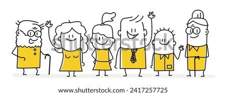 Stick figures set. Big happy family. Father, mother, grandfather with walking stick, grandmother with walking stick, children. Cartoon style. Vector illustration.