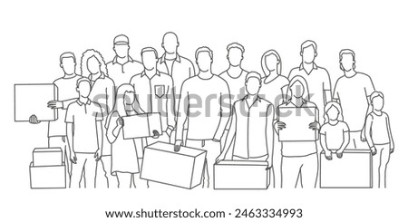 A group of people holding boxes and signs. Scene is that of a group of people coming together to help each other. Hand drawn vector illustration. Black and white.