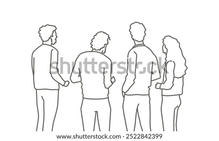 Four people standing in a line and looking ahead. Hand drawn vector illustration. Black and white.