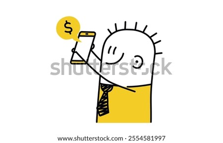 Cartoon man holding a cell phone with a dollar sign on it. He is smiling and looking at the camera. Hand drawn vector illustration. Black and white.