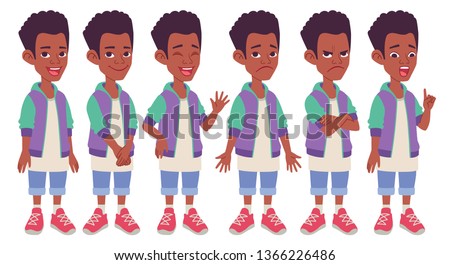 Cartoon character design. Black African American boy. Set of different standing poses, gestures and facial expressions. Vector illustration isolated on white background