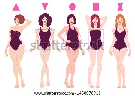 Female Body Shape Types - Pear, Inverted Triangle, Apple, Rectangle, Hourglass. Vector fashion illustration isolated on white background.