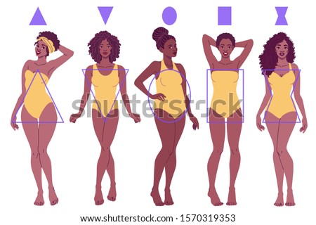 Female Body Shape Types - Pear, Inverted Triangle, Apple, Rectangle, Hourglass. Black African American women, full lenght portrait. Vector fashion illustration isolated on white background.