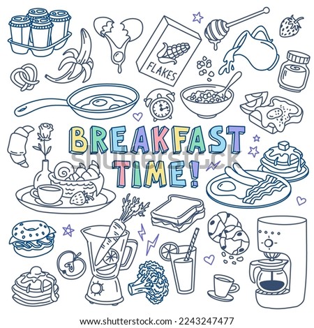 Breakfast food and drinks doodle set. Hand drawn vector illustration. Outline stroke is not expanded, stroke weight is editable