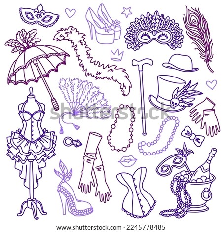Vintage burlesque style clothes, shoes and accessories. Halloween, Mardi Gras carnival costumes. Hand drawn vector illustration. Outline stroke is not expanded, stroke weight is editable
