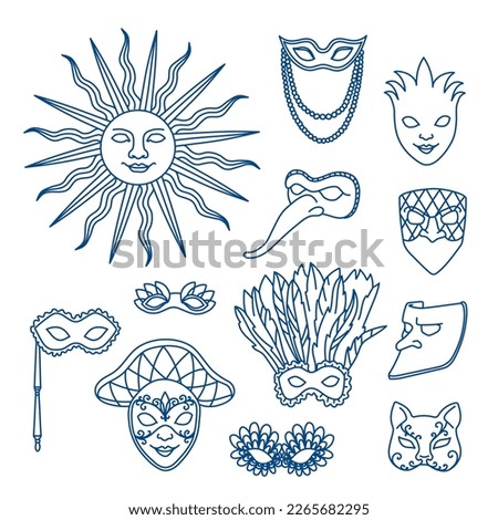 Venice carnival Italian theatre masks. Hand drawn vector illustration. Outline stroke is not expanded, stroke weight is editable