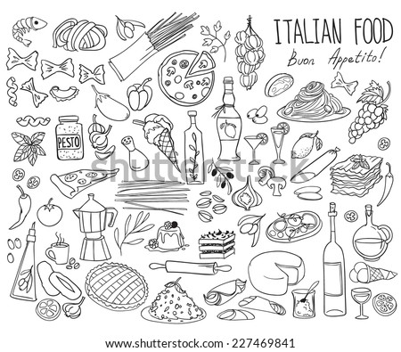 Set of doodles, hand drawn rough simple Italian cuisine food sketches. Isolated on white background
