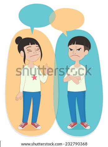 Vector illustration. Two cartoon style kids portrait, speak bubbles with empty space for text. Asian girl and boy arguing. 