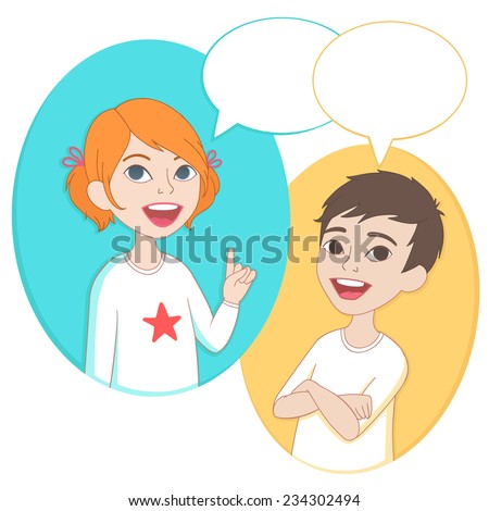 Vector illustration. Two cartoon style kids half-length portrait, comics speak bubbles with empty space for text. Caucasian girl and boy talking, asking and answering questions, advising, helping.