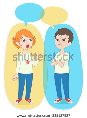 Vector illustration. Two cartoon style kids portrait, speak bubbles with empty space for text. Caucasian girl and boy arguing.