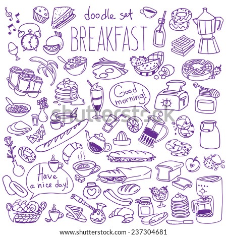 Set of various doodles, hand drawn rough simple breakfast meals sketches. Vector illustration isolated on white background