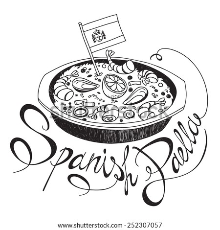 Freehand sketch style drawing of seafood paella pan with Spanish flag and hand written lettering. Vector illustration isolated on white background