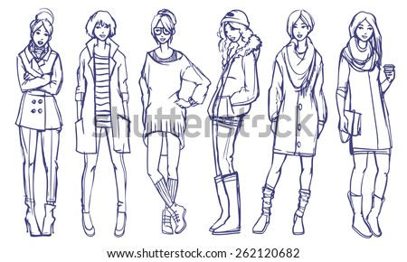 Stylish Girls Fashion Illustration Six Different Street Style Looks Spring And Fall Season Casual Stylish Girls Fashion Illustration Six Different Street Style Looks Spring And Fall Season Casual
