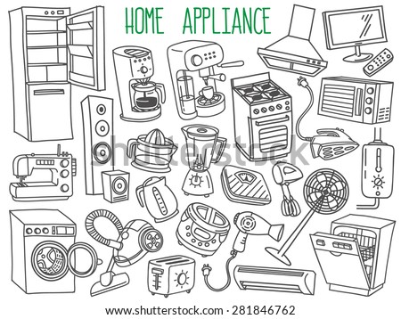 Home appliances themed doodle set. Various household equipment and facilities - major and small  appliances, consumer electronics, kitchenware. Freehand vector sketches isolated over white background.