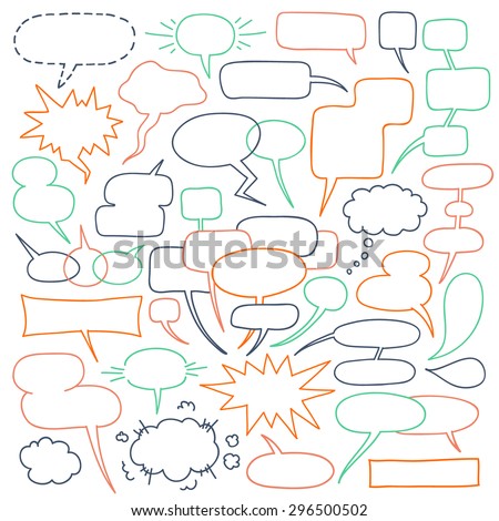 Speech Balloons Collection. Various comics text bubbles - talking, chatting, screaming, whispering, shouting, thinking.  Vector freehand outline drawing isolated over white background