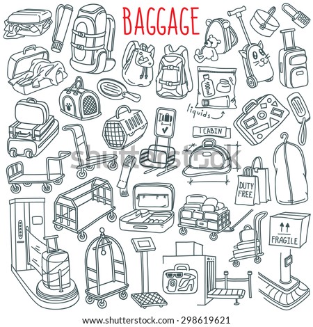 Baggage themed doodle set. Different types of luggage, bags, cases, suitcases, backpacks, transportation carts, pets carriers. Vector freehand illustration isolated over white background