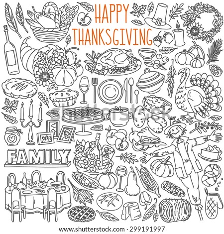 Thanksgiving doodles set. Traditional symbols, food and drinks - turkey, pumpkin pie, corn, wine. Freehand vector drawings collection isolated over white background