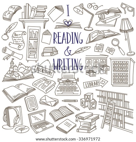 Reading and writing items collection. Books, magazines, newspapers, letters, piles of books, library catalog, bookshelf, typewriter. Vector hand drawn sketches isolated over white.