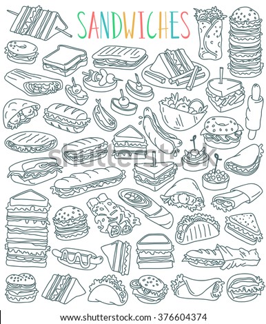 Various types of sandwiches - club sandwich, cheeseburger, hamburger, falafel in pita, shawarma, deli wrap, roll, taco, baguette, panini, bagel, toast. Outline drawing isolated on white background.