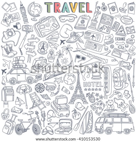 World Travel Set. Hand drawn simple vector sketches collection. Popular symbols of tourism and traveling - transportation, landmarks, luggage, accommodation, souvenirs, destinations, sightseeing.