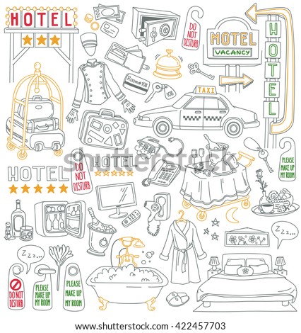 Hotel Vector Drawings Collection. Services and facilities - bedroom, bathroom, room service, breakfast, bellboy, mini bar, hair dryer, bath coat, taxi, luggage cart. Isolated on white background