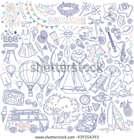 Summer season themed doodle set. Traditional symbols and activities: sun, beach, surfing, yacht, travelling, picnic,  barbecue party. Freehand vector drawing isolated over white background.
