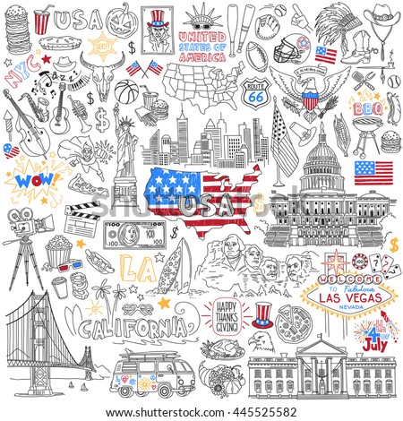 USA hand drawn outline vector set. United States Of America popular symbols and landmarks - fast food, jazz, skyscrapers, landmarks, map silhouette, flag, eagle, presidents, dollar, sport, cinema.