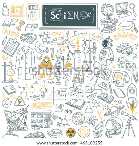 Science stuff doodle set. Biology, mathematics, astronomy, robotic technology, geometry, physics, chemistry laboratory equipments and tools. Freehand vector drawing Isolated on white background.