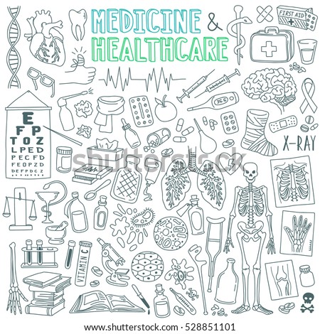 Medicine and health care outline drawings set. Drugs, pills, pharmacy, x-ray, first aid, human organs, diseases, treatment. Vector illustration isolated on white background.
