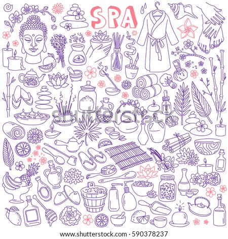 Spa Doodle Set. Hand drawn aromatherapy, body care, beauty salon and thai massage accessories. Vector drawings isolated on white background.