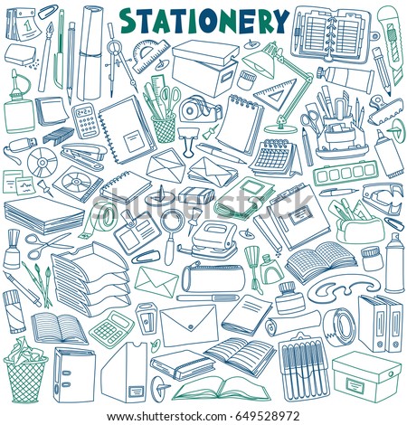 Stationery doodles set. School and office supplies. Vector illustration isolated on white background.