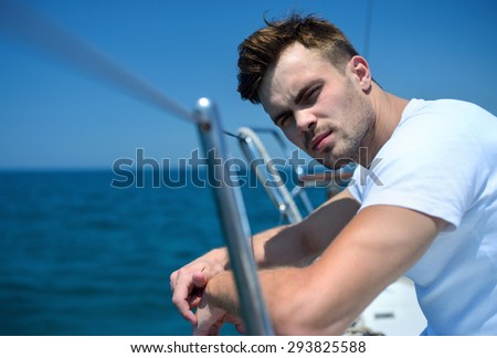 Ideal beauty brutal men on sailing yacht
