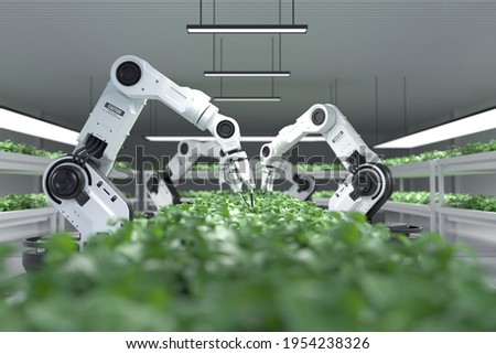 Smart robotic farmers concept, robot farmers, Agriculture technology, Farm automation. 3D illustration Foto d'archivio © 