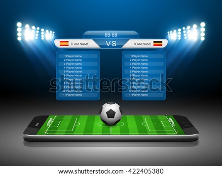 Soccer Online Concept, Football field on the smartphone .Vector illustration