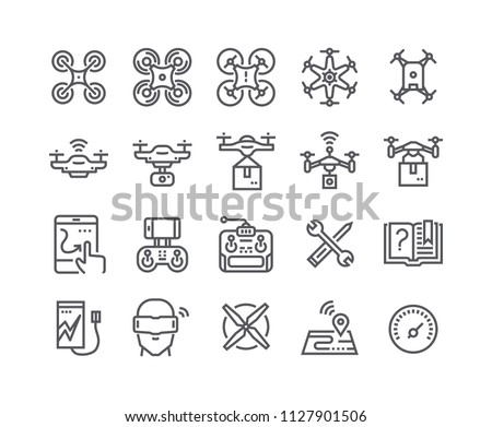 Editable simple line stroke vector icon set,air drones, quadrocopters and remote control drones and more. 48x48 Pixel Perfect.
