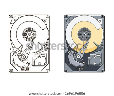 Vector illustration of hard drive disk. Line art. Cartoon. 