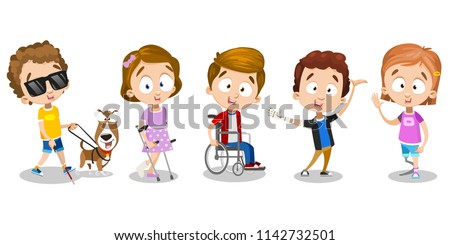 Kids with guide-dog, with dentures and in wheelchair. Three boys and two girls are disabled, but they are cheerful, colorfully, bright characters and go for walk. Illustration on white background