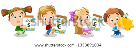 Boys, girls carry money jars with euro, pound, dollar and piggy bank. Concept of commercial education, financial literacy, multiple countries currency. Children study putting money away, do shopping.