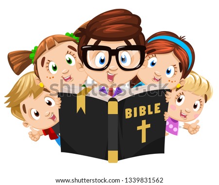 Father, elder brother or tutor, mentor reading holy book, bible to boys and girls. Religious, faithful family. Spirituality and religion education, christian camp. Cartoon characters isolated on white