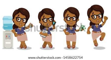 Vector set with afro-american lady spending time at office. African woman in glasses drinking water near dispenser, speaking by phone, keeping money, jumping for joy. Cartoon isolated on white.