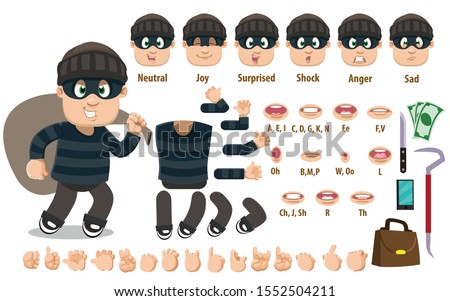 Cartoon robber constructor for animation. Parts of body: legs, arms, face emotions, hands gestures, lips sync. Full length, front, three quater view. Set of ready to use poses, objects.