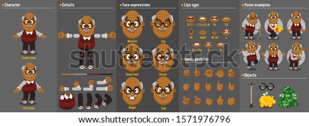 Cartoon afro-american aged man constructor for animation. Parts of body: legs, arms, face emotions, hands gestures, lips sync. Full length, front, three quater view. Set of ready to use poses, objects