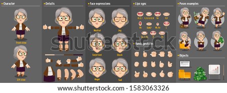 Cartoon aged businesswoman constructor for animation. Parts of body: legs, arms, face emotions, hands gestures, lips sync. Full length, front, three quater view. Set of ready to use poses, objects.